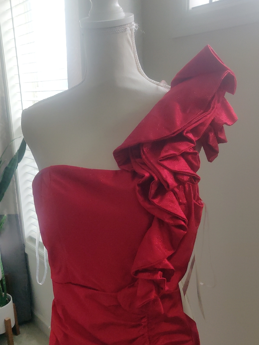 New!Red One-Shoulder Ruffled Evening Gown Fitted Ruffle Front Slit Y2K Cottageco - Picture 2 of 12